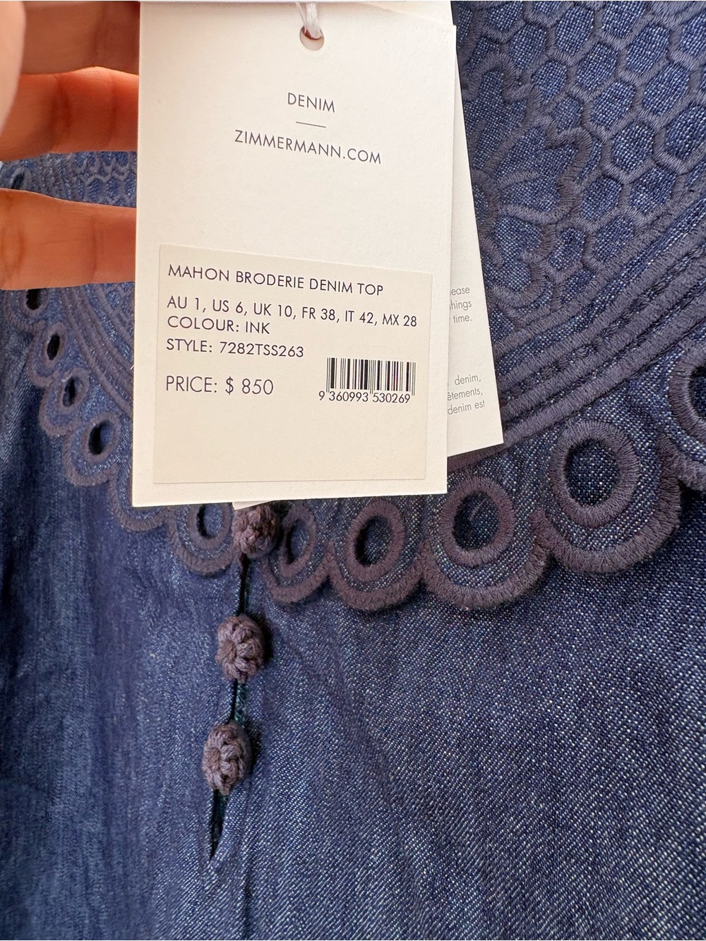 Zimmermann Navy Blue Eyelet Embroidered Button-Down Top - Picture 3 of 3